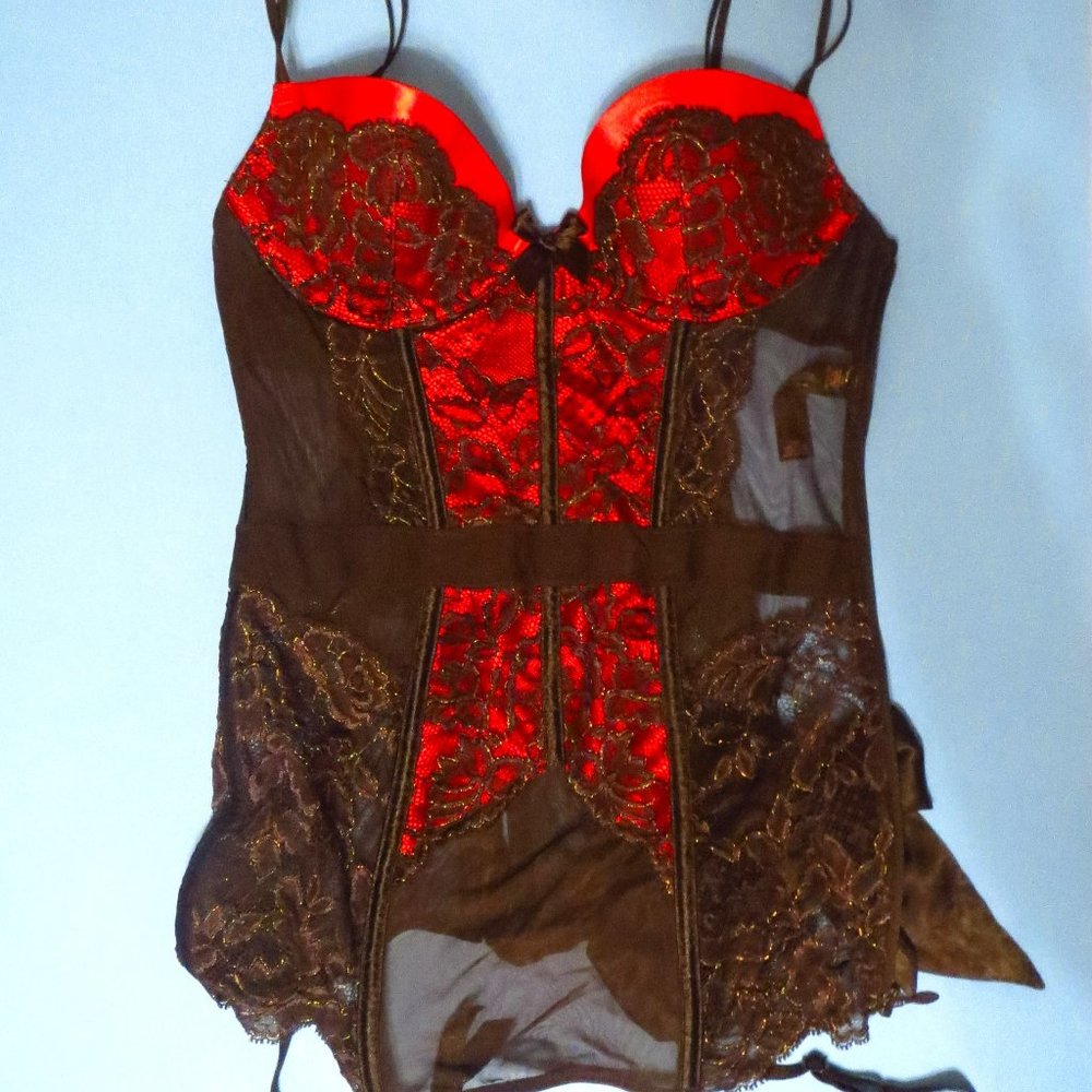 Vintage Victoria's Secret 34B Red & Black Satin Lace Corset Bustier